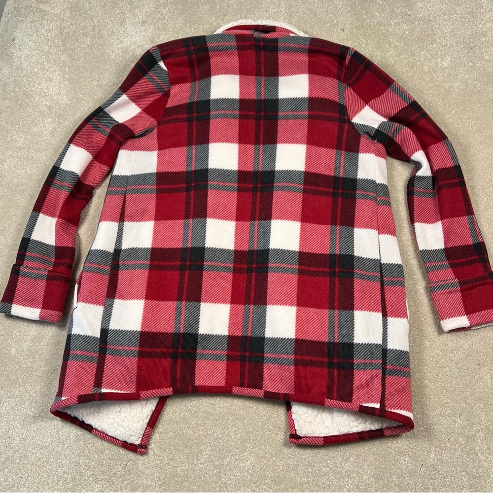 Abercrombie Red Plaid Open Front Cardigan Jacket Sherpa Lined Long Comfy Women S - Picture 5 of 12